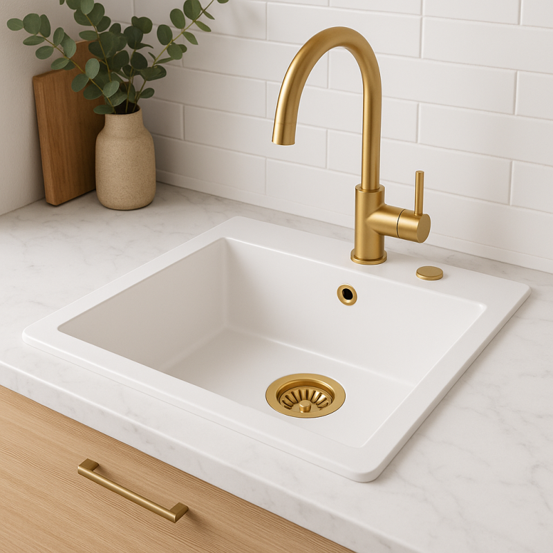 Quadri Sheffield White Granite Top-Mount or Undermount Sink 57x50 cm with Tap Platform and Gold Plug - 1208967817